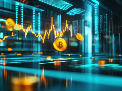 Scene of a high-tech stock market trading floor, with glowing stock graphs soaring to new highs and floating digital coins symbolizing wealth and success.