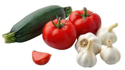 Fresh zucchini, tomatoes, and garlic bulbs creating a vibrant culinary scene on transparent background