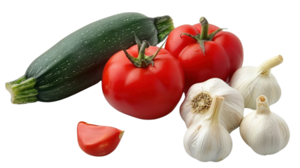 Fresh zucchini, tomatoes, and garlic bulbs creating a vibrant culinary scene on transparent background
