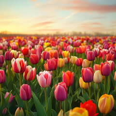 Stunning Tulip Field Sunset: Spring Bloom isolated on transparent background