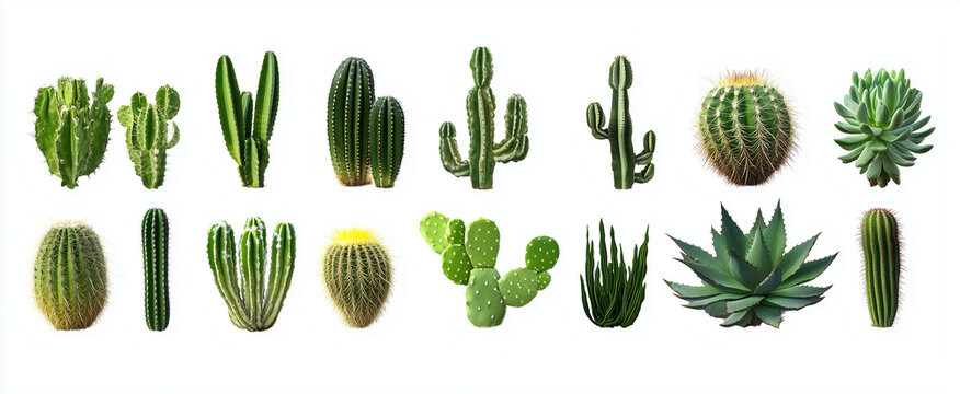 Set of different mixed cactus and succulents types of small mini plant cutouts isolated on white background
