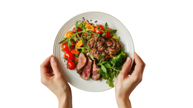 Woman holding a plate of grilled steak, broccoli, and cherry tomatoes with transparent background