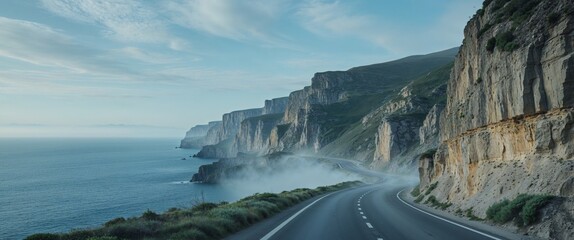 Scenic coastal road winding along rocky cliffs beside ocean
