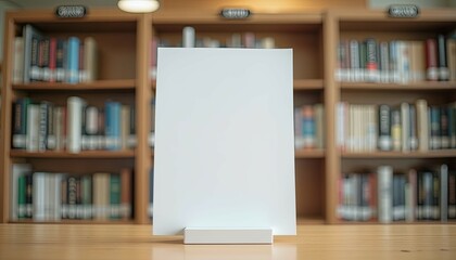 A blank paper display stands in a library setting