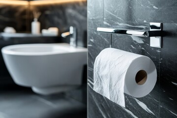 Fototapeta premium toilet paper roll hanging on the holder on the wall in modern bathroom