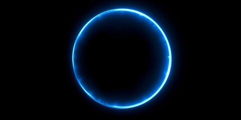 A luminous, ethereal blue circle floats in the inky black void, minimalist, galaxy