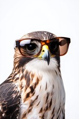 Fototapeta premium Hawk wearing sunglasses posing for the camera with a cool attitude, bird of prey in fashion accessories, wildlife photography, creative animal portrait.