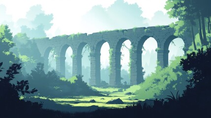 Ancient Stone Bridge Ruins in Lush Green Forest