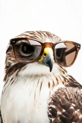 Fototapeta premium Hawk wearing stylish sunglasses posing for the camera in a studio setting, showcasing wildlife photography and trendy animal portraits for creative projects.