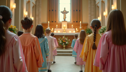 Naklejka premium Easter Sunday choir. Children in colorful choir robes at church service with cross and altar