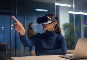 A businesswoman uses a virtual reality simulator on her laptop in the office, conveying advanced technologies for remote and intelligent work in the future