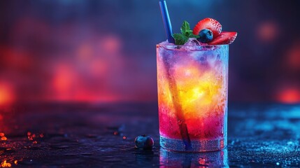 Colorful cocktail served in elegant glass with vibrant layers garnished with fruit on a dark bar counter