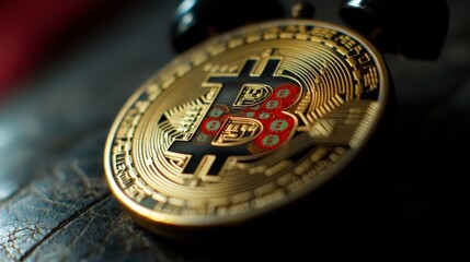 Close up of Bitcoin Cryptocurrency Coin on Vintage Clock
