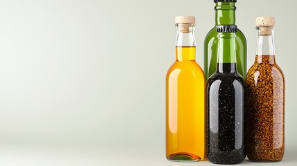 Assorted Glass Bottles with Natural Oils and Vinegars on Green Background