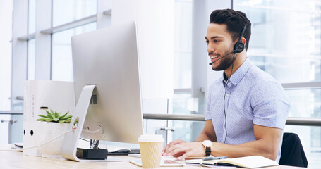 Computer, call center and man typing in office for lead generation, inbound marketing or contact...