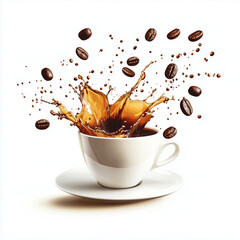 A Cup of Coffee with Splashes and Flying Coffee Beans