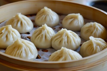 steamed chicken gyoza in round wooden plate