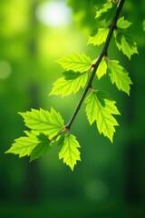 Slender beech branch, vibrant green leaves, sunlight dappled , tree, branching