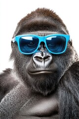 Gorilla wearing sunglasses posing with a cool expression in studio setting, exotic animal portrait, wildlife photography, fun and playful zoo moments.