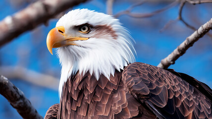 Obraz premium Majestic Bald Eagle Close-Up Portrait with Piercing Eyes and Dramatic Lighting