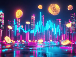 Obraz premium A close-up 3D-rendered image of gold coins with bitcoin signs, reflecting the bright light of an upward-trending stock chart in the background. The chart is in sharp focus, showing new highs.