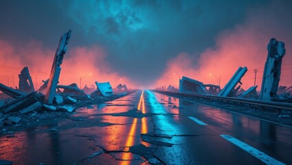 Endless Journey Through Glowing Ruins on a Broken Highway Symbolizing a Chaotic Apocalyptic Landscape.