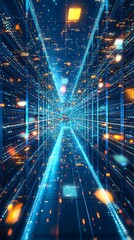 Abstract digital data stream flowing through a server room.