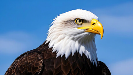 Naklejka premium Majestic Bald Eagle Close-Up Portrait with Piercing Eyes and Dramatic Lighting