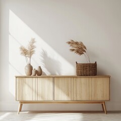 Light wood sideboard with pampas grass in vases and basket, sunlit minimalist interior.