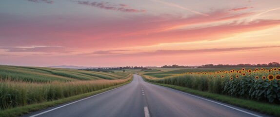Fototapeta premium Scenic rural road at sunset with fields on either side and dramatic sky in background Copy Space