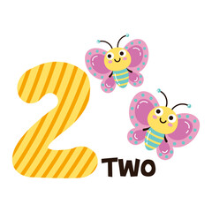 Vector image of the number two and two cute butterflies. Math for kids