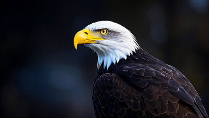 Obraz premium Majestic Bald Eagle Close-Up Portrait with Piercing Eyes and Dramatic Lighting