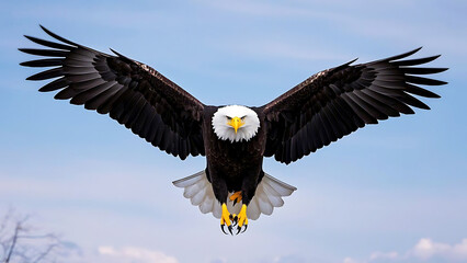 Majestic Bald Eagle in Flight with Wings Spread Wide Against a Clear Sky