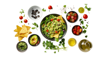 Guacamole with tortilla chips, various ingredients and transparent background