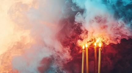 Fototapeta premium Vibrant smoke surrounds lit candles, creating an enchanting ambiance at a nighttime gathering, enhancing the celebration's spirit