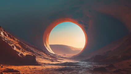 Sunlight entering mars cave illuminating red planet landscape.