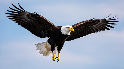 Obraz premium Majestic Bald Eagle in Flight with Wings Spread Wide Against a Clear Sky