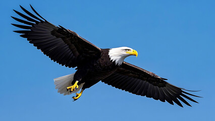 Majestic Bald Eagle in Flight with Wings Spread Wide Against a Clear Sky