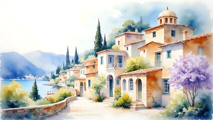 Obraz premium Watercolor Coastal Town: Mediterranean Village Seascape