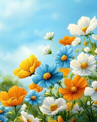 Vibrant wildflower garden in full bloom under a blue sky