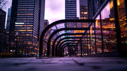 Obraz premium Urban Twilight Financial District Stock Market Graph Reflection