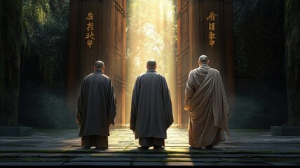 Three Monks in Gray Robes at an Ancient Chinese Temple Entrance with Sunlit Trees, Mossy Pathways, and a Contemplative Man in Purple Robe