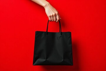 A hand holding a plain black shopping bag against a red backdrop