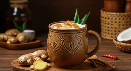 Warm Ginger Drink in Rustic Mug: Cozy Autumn Beverage with Spices and Coconut