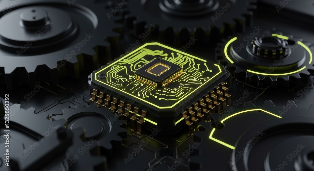 Poster advanced microchip technology integrated with precision gear mechanisms: a futuristic concept in eng