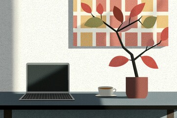A minimalist desk scene with a laptop, a cup of tea, and soft-hued decor, fostering a peaceful environment for focused work.