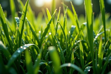 Green blades of grass with water droplets in sunlight shine