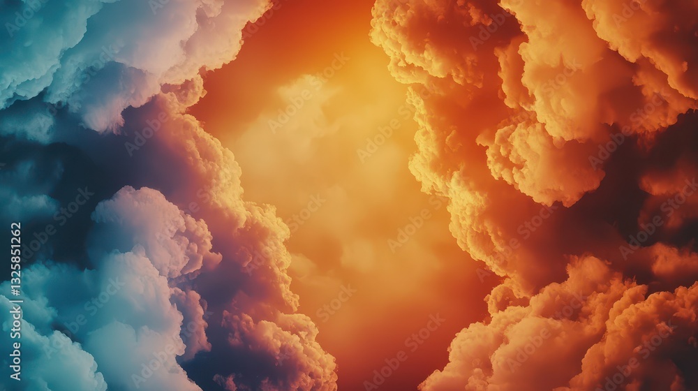 Poster a dramatic blend of blue and orange clouds creating an atmospheric scene, suggesting transitions bet