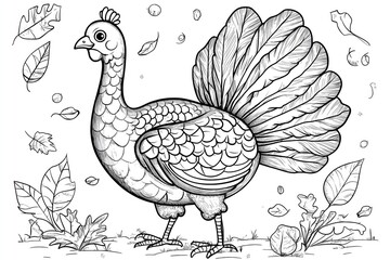 Fototapeta premium coloring page for kids with cute big turkey for thanksgiving