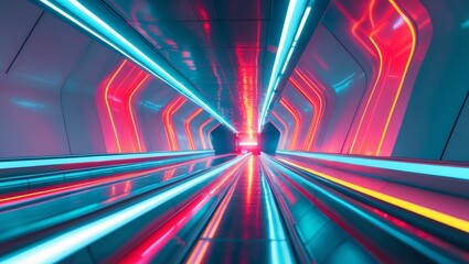 Futuristic Technology Scene with Moving Walkways and Neon Lights